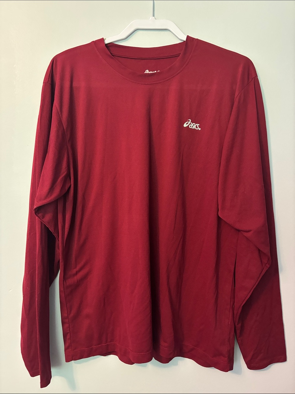 Asics Men's Long Sleeve Tee in Burgundy with White Logo - Picture 1 of 3
